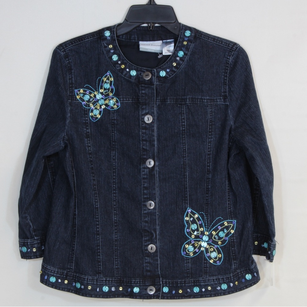 Alfred Dunner Petite Beaded Embellished Butterflies Blue Denim Jacket Women NWOT